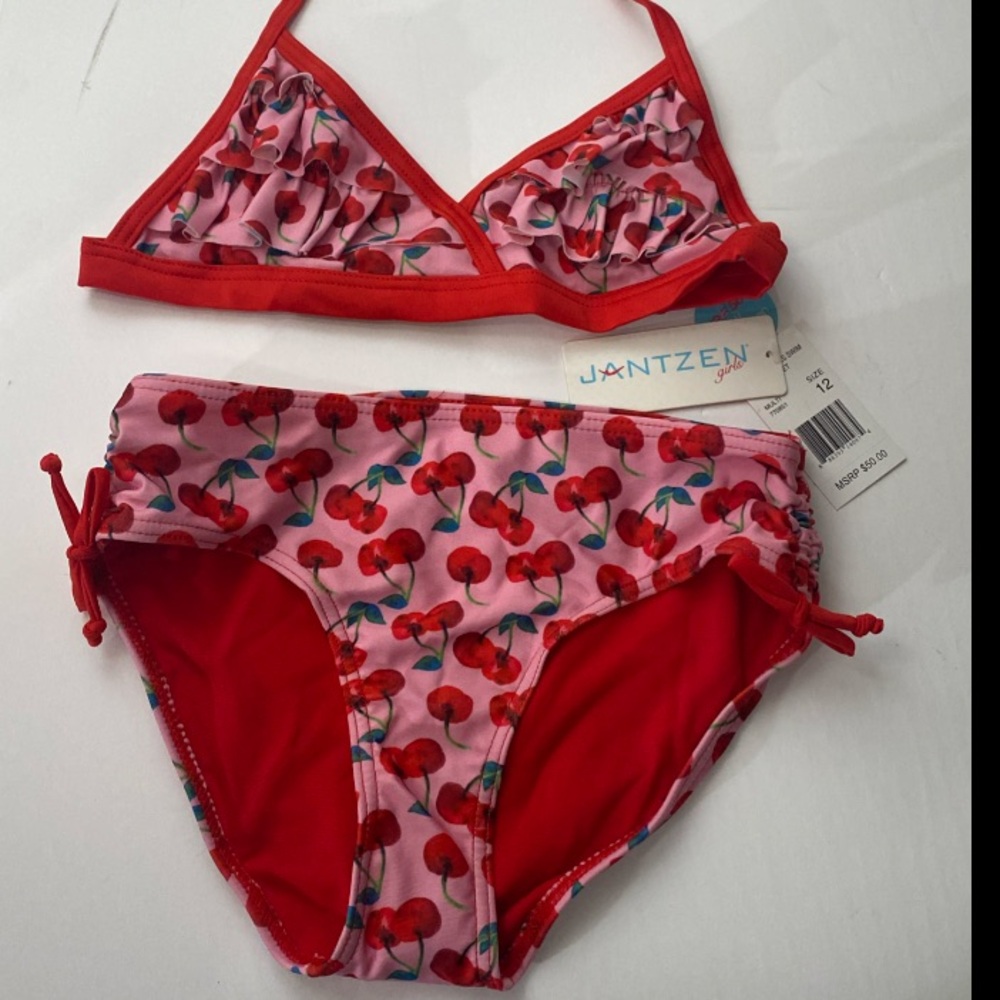 Jantzen Kids Bikini with Cherry Design - Red and Pink Size 12
